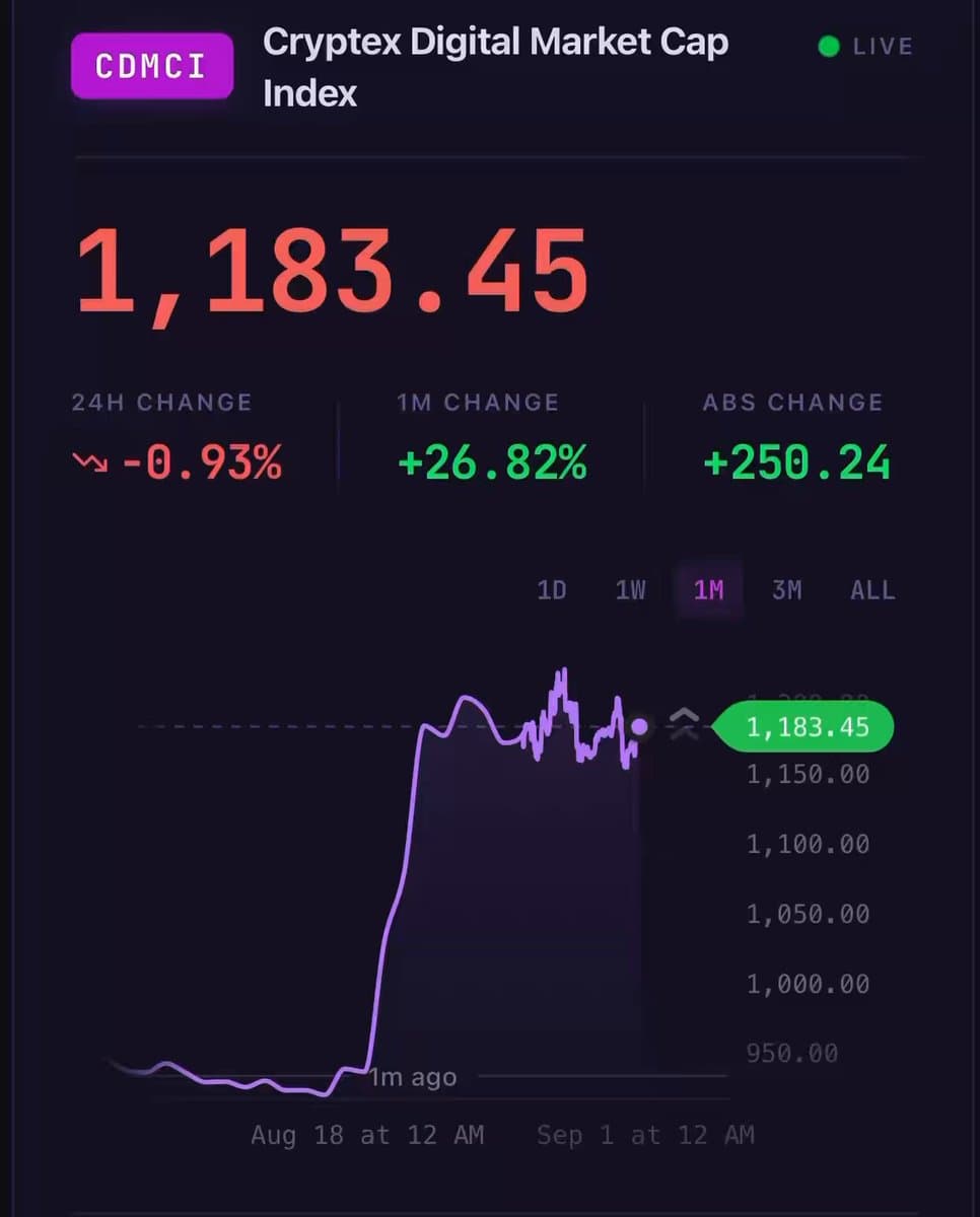 The Cryptex Digital Market Cap Index (CDMCI) is tracking a 26.80% gain for August, its strongest month since inception.